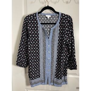 J.Jill Womens Medium Floral Black Blue Pink Print Tunic‎ Top Boho Chic Workwear